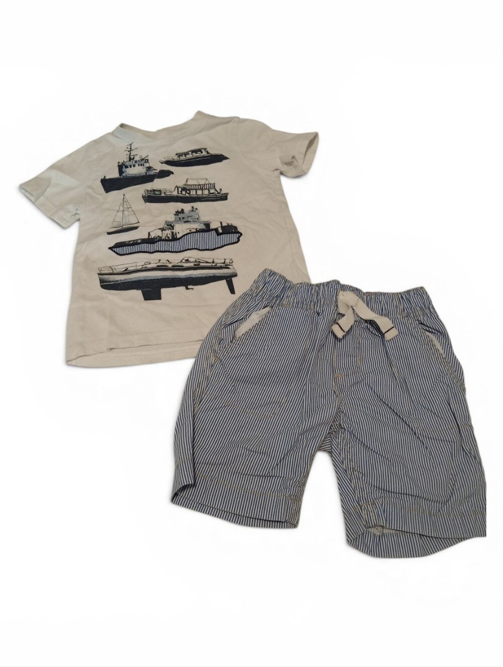 Carter's White Tee with Navy Boat Prints & Navy Striped Shorts Setite